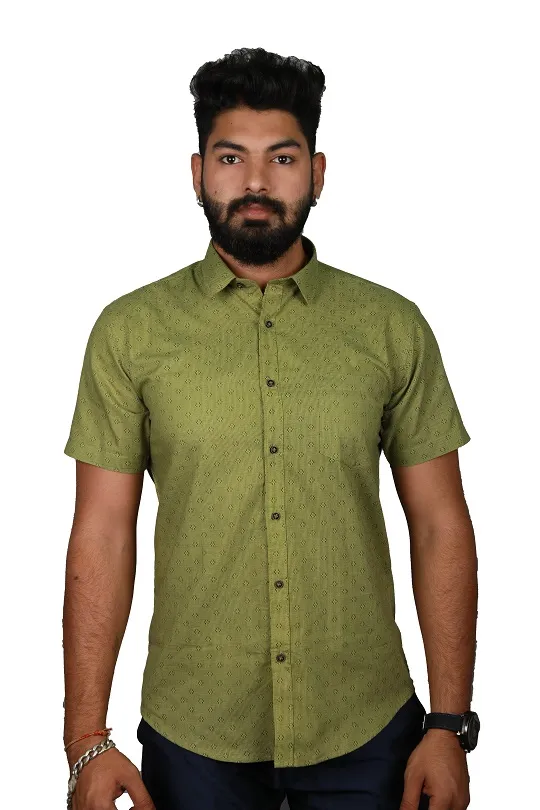 Ecotattva's Military Green Half Sleeve Printed Khadi Cotton Casual Shirt  for Men - XL