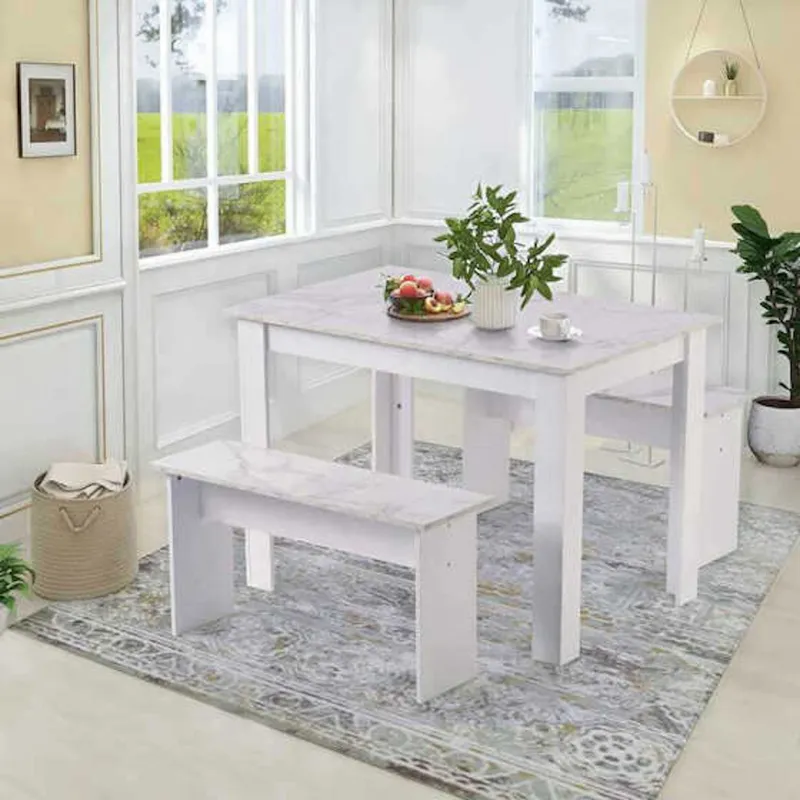 Small Space Artificial Marble（White） Dining Table with 2 benches Dining Table Set for Kitchen Dining Room