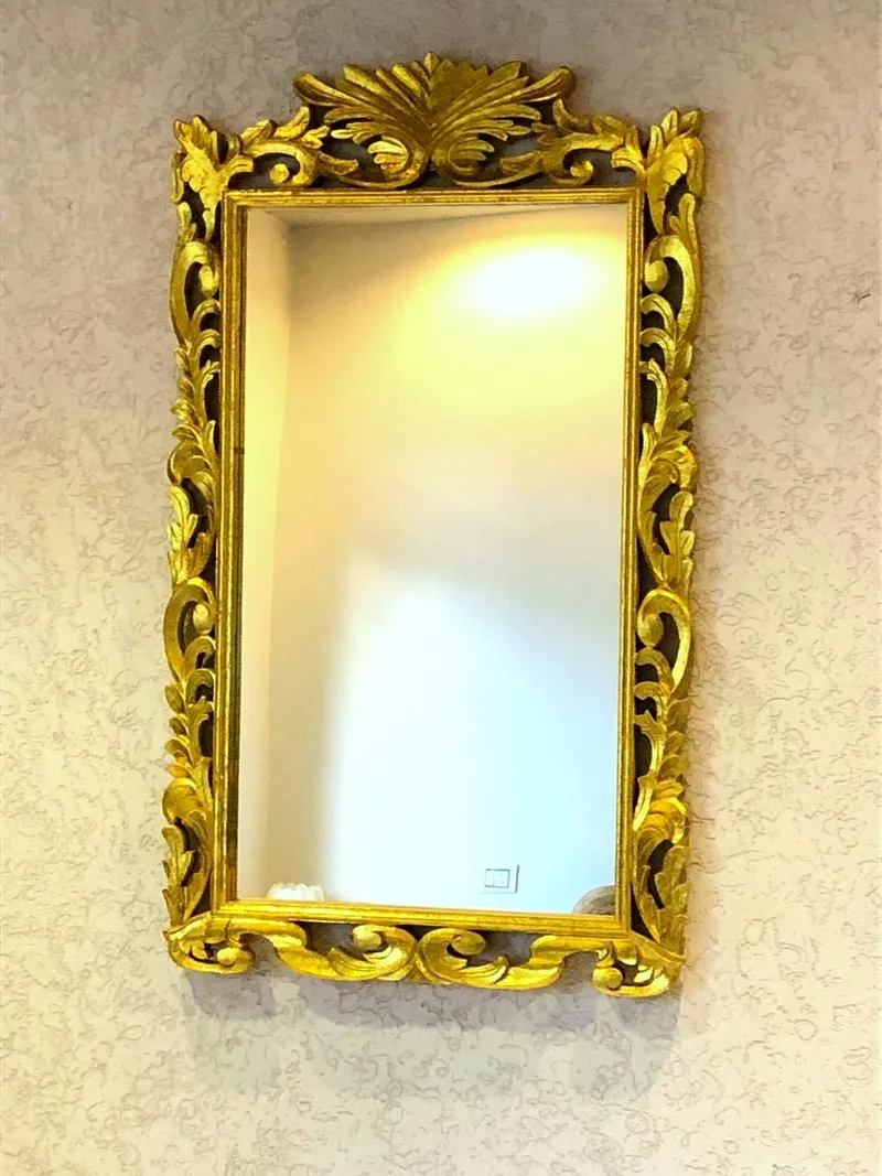 Bapna Big Size Wooden Hand Carved Design Wall Mirror Frame in Golden