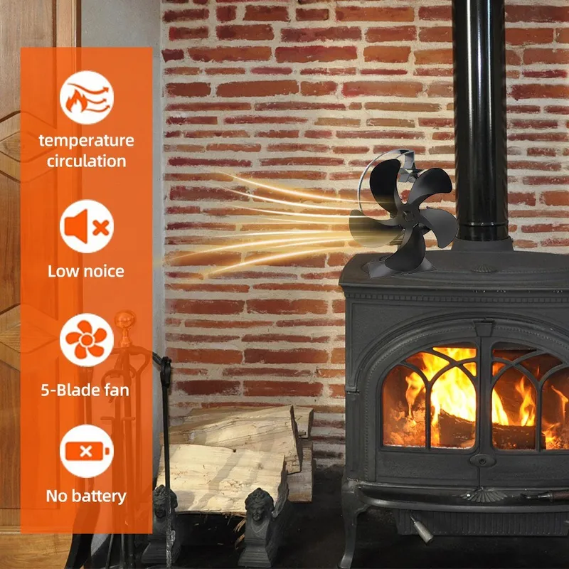 5 Blades Heat Powered Stove Fireplace Fan Quiet Operation Black | Wholesale  | Tradeling