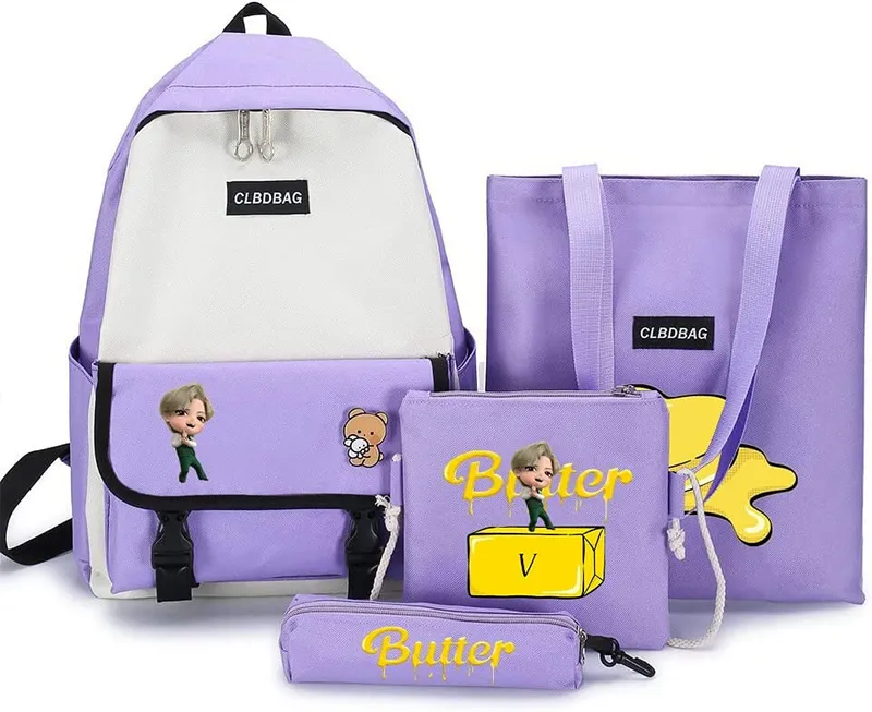 Goodern 4 Pcs Bts V Backpack School Book Bag Set Purple