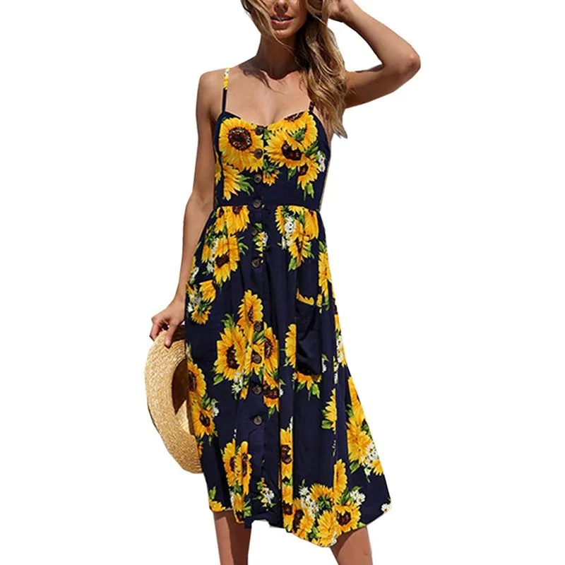 Nibeminent Echoine Women's Summer Dresses Navy/Yellow Size, Floral Boho  Spaghetti Strap Button Down Swing Midi Beach Dress with Pockets L |  Wholesale | Tradeling