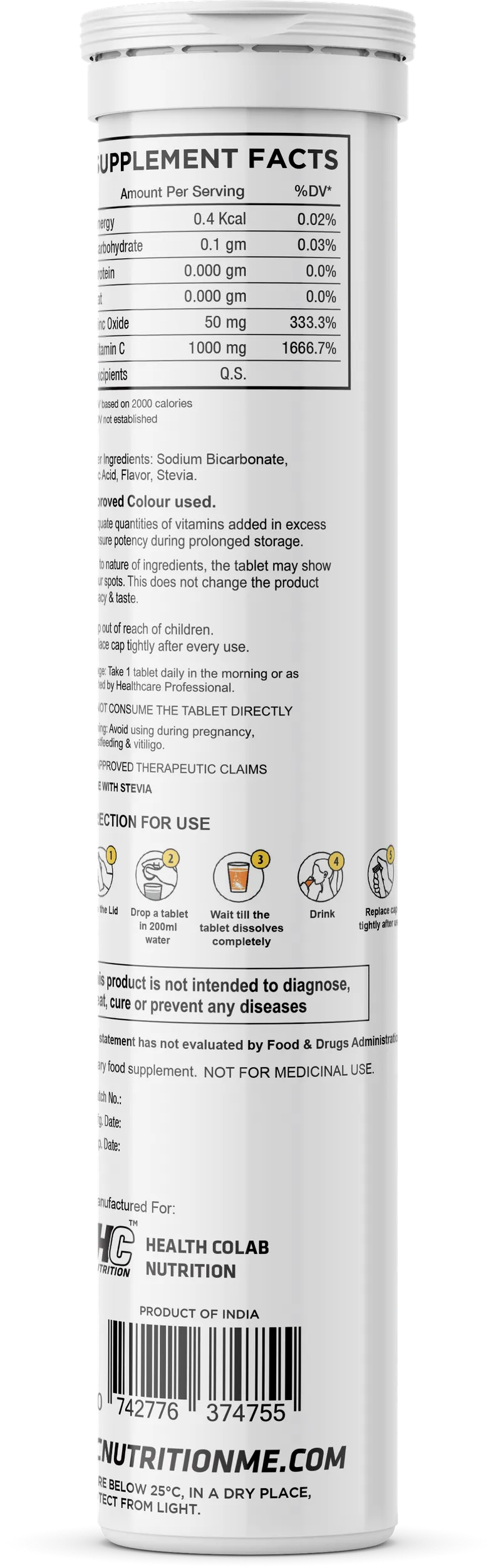 HC Nutrition Vitamin C 1000mg + Zinc 50mg Stevia Effervescent