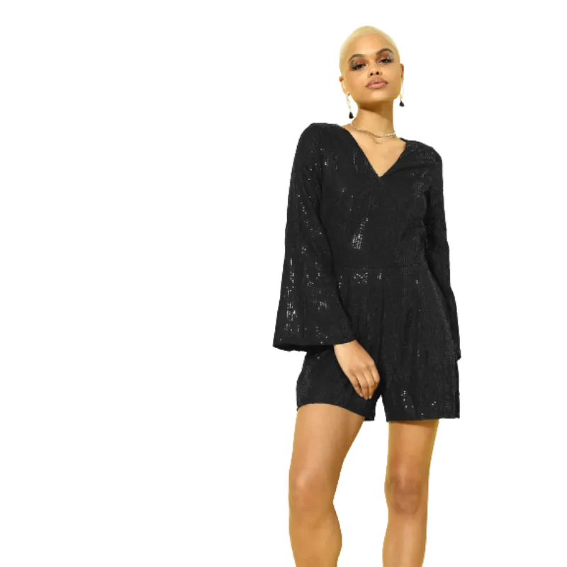 Black Sequin Bell Sleeve Playsuit 