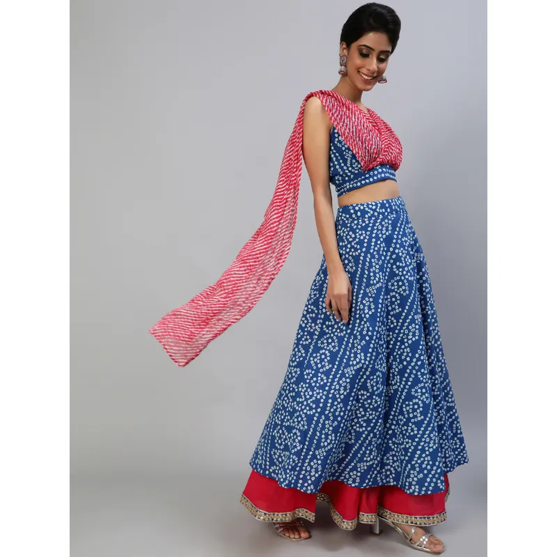 NAVY BLUE LEHENGA AND CONTRAST RED CHOLI WITH GOTA AND MIRROR EMBROIDERED  DETAILS AND CONTRAST YELLOW BANDHANI DUPATTA - Seasons India