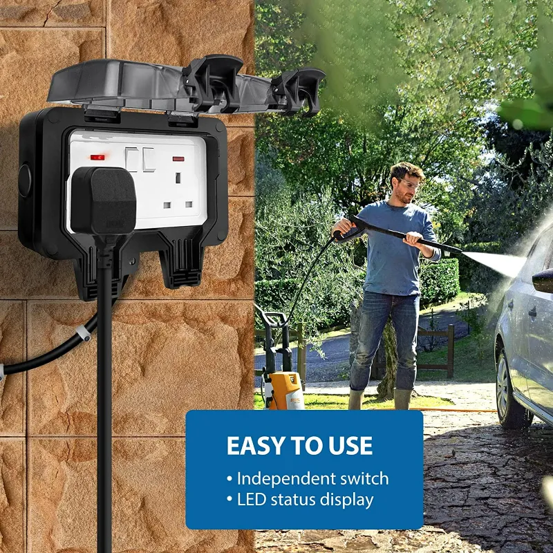 Foxnsk Outdoor Extension Lead Waterproof 3m/10ft Ip66 2 Gang Black 13a