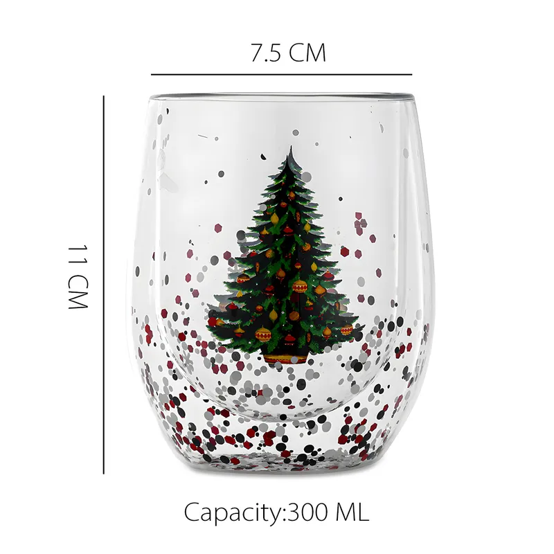 YY Wholesale Christmas Tree Double Wall Glass Tumbler, Water Stemless