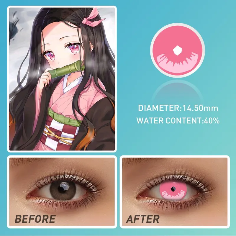 Ojotrend 1Pair Colored Contact Lens Kamado Nezuko Pink Halloween Eyes