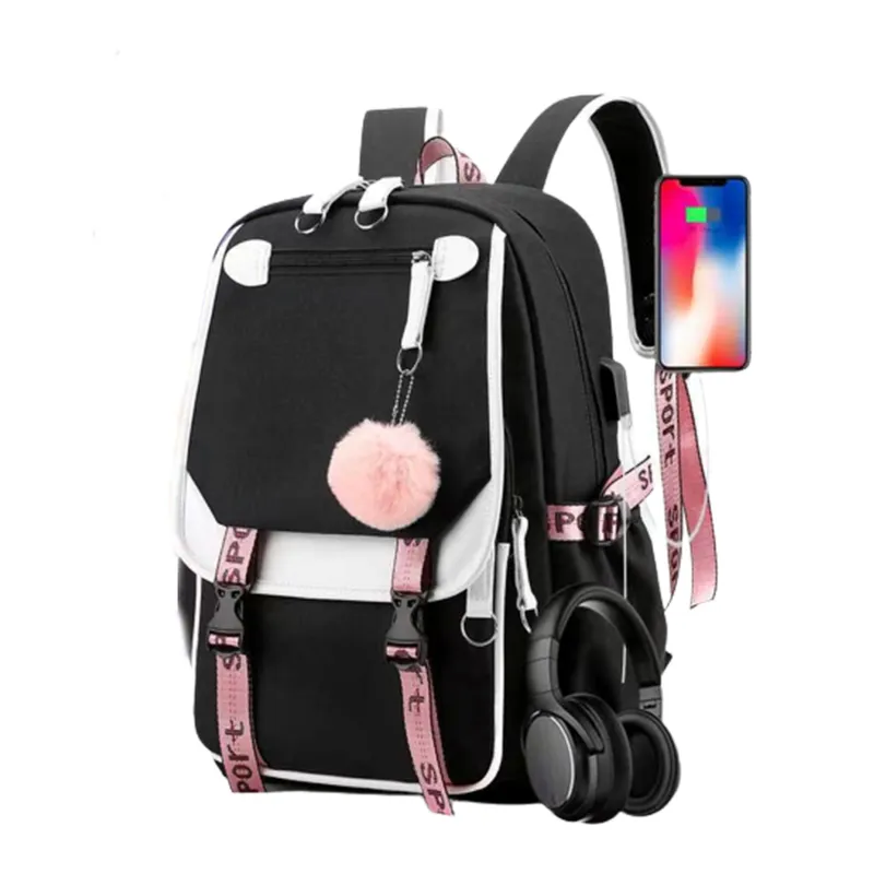 Large Capacity School Backpacks With Usb Charger Port Plush Pendant
