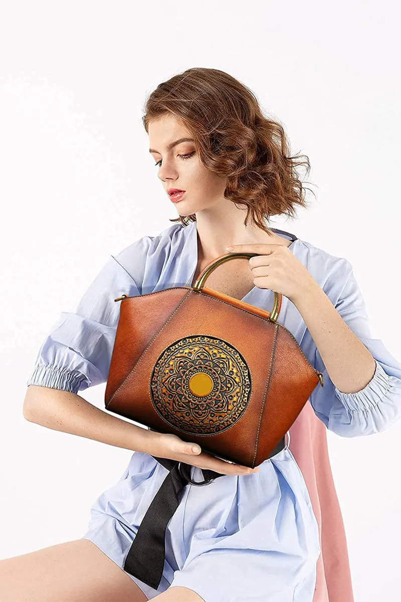 Women Genuine Leather Handbags, Organizer Retro Vegetable Tanning leather  Satchel Vintage Embossing Totem Shoulder Bag